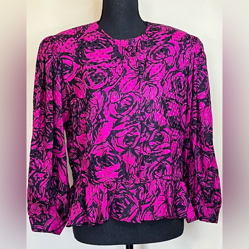 Vintage 80’s Maggy London by Jeannene Booher Fuchsia/Black 100% Silk Blouse SZ10
